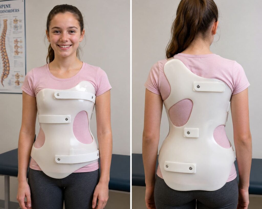 Teenage girl wearing a scoliosis back brace, front and back view