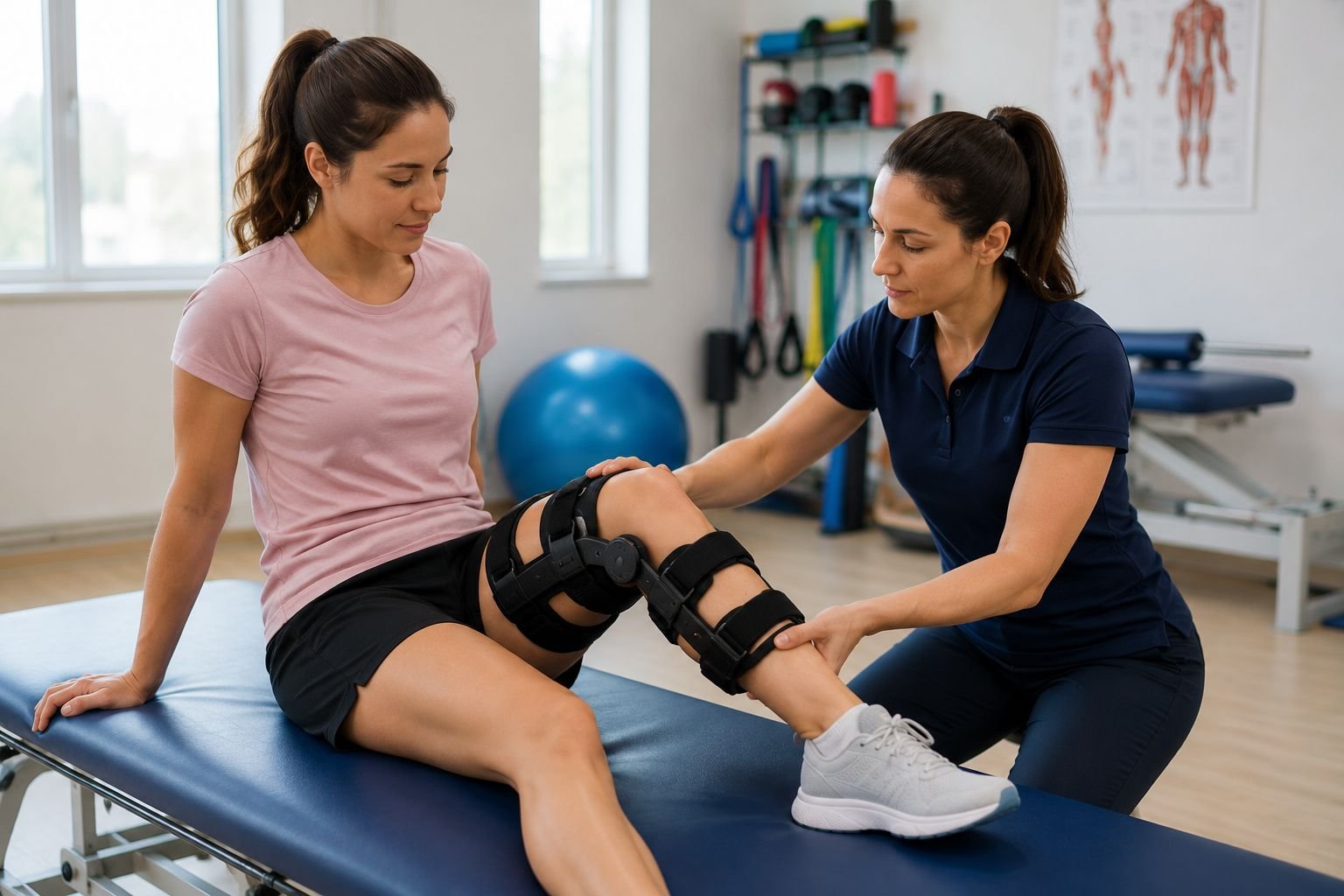 Post-surgery rehabilitation session at ARGAN Riaya Salmiya Kuwait — patient with physiotherapist on rehabilitation gym equipment
