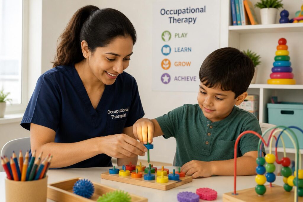 Occupational therapist doing a fine motor activity with a child