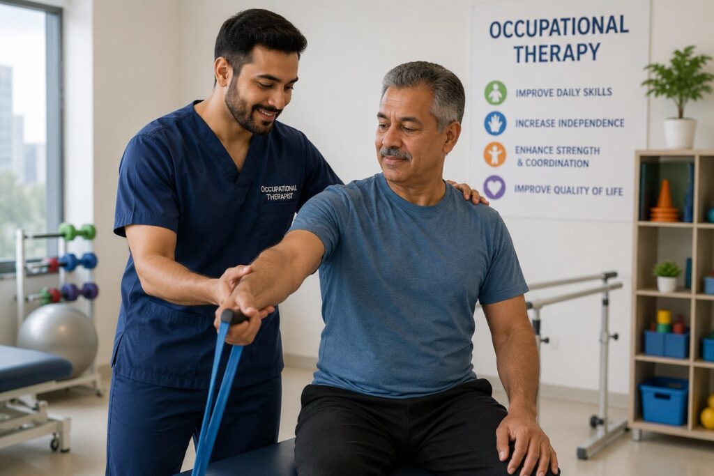 Occupational therapist helping a man with a resistance band exercise