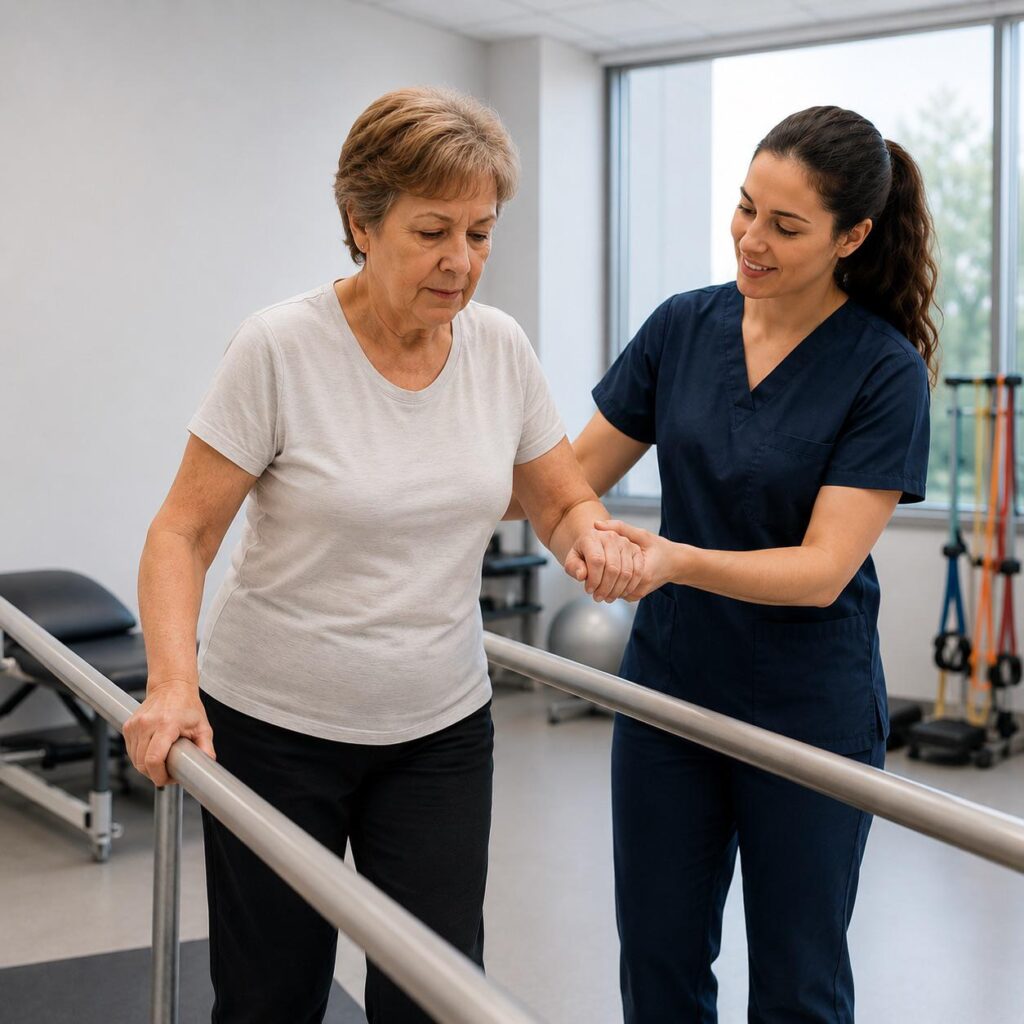 Therapist supporting an older woman walking between parallel bars