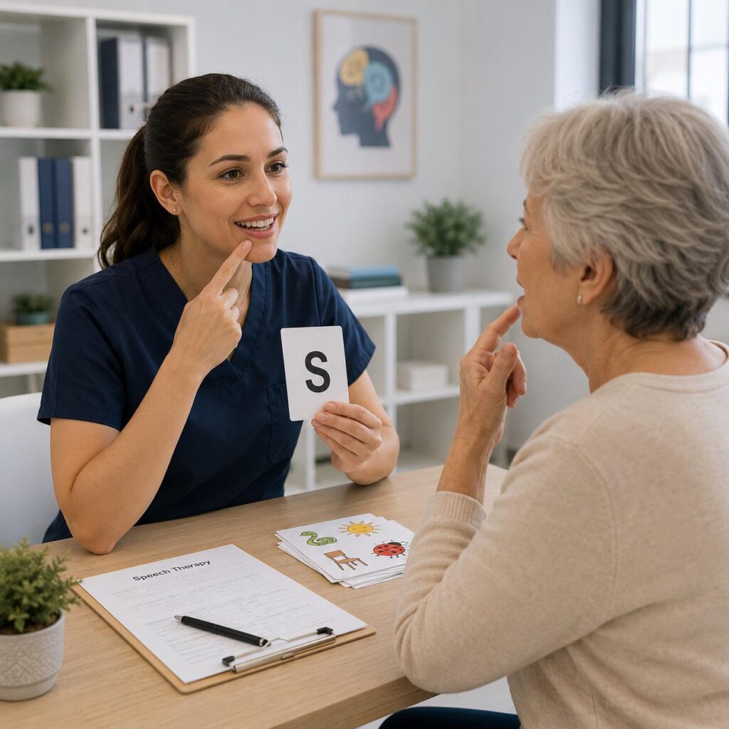 Speech therapist working with an older woman using a letter card