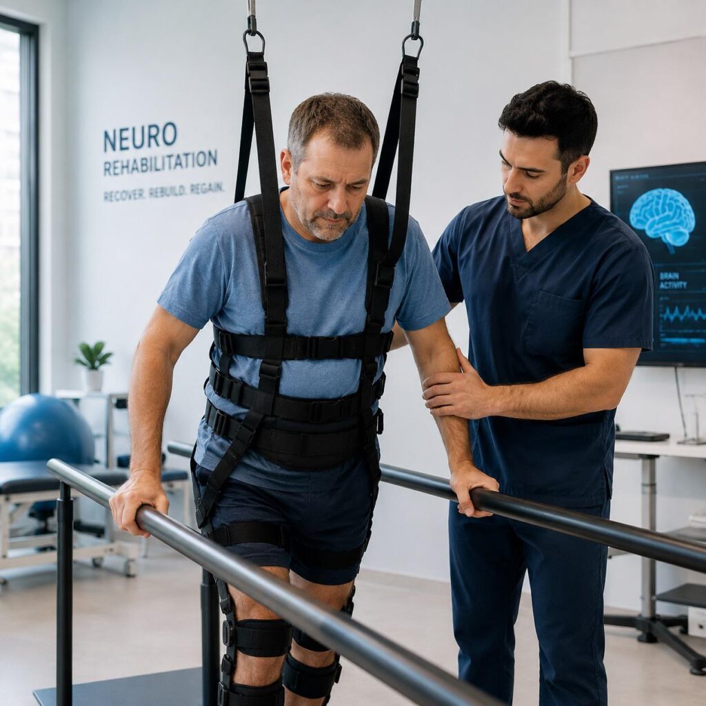 Man in a support harness walking with a therapist during neuro rehabilitation