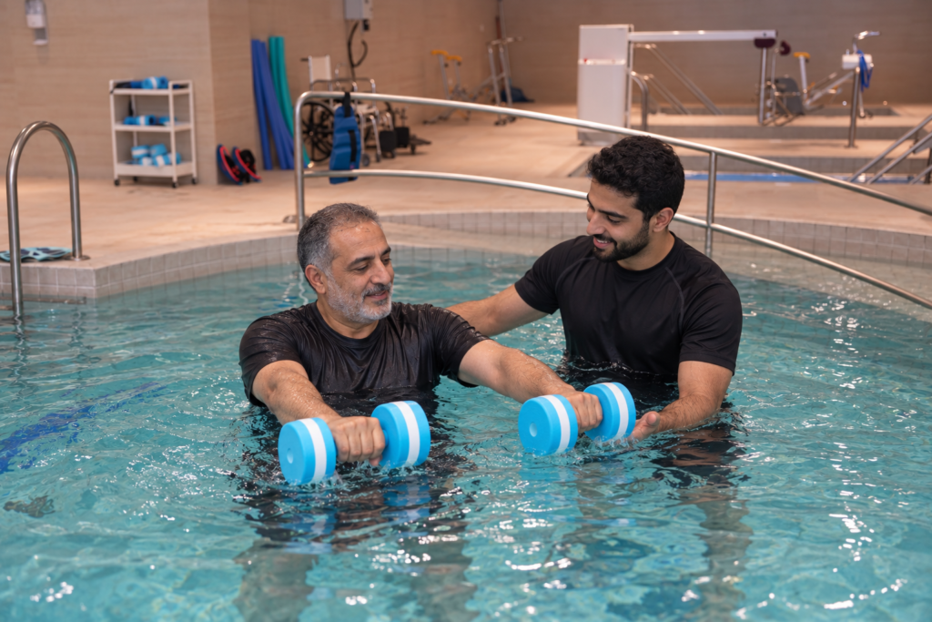 Adult hydrotherapy session with a physiotherapist at ARGAN Riaya in Kuwait