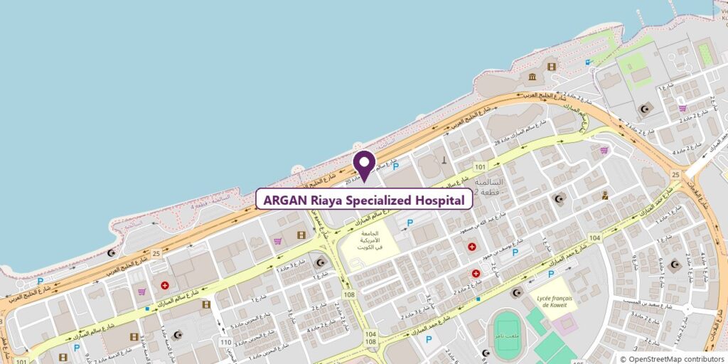 خريطة تُظهر موقع مستشفى ارجان رعاية التخصصي في شارع الخليج العربي بالسالمية، الكويت